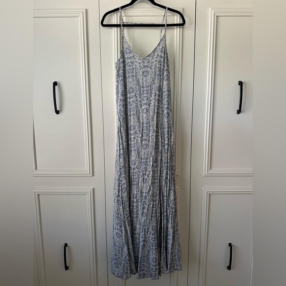 En Crème Light Blue & White Boho Maxi Dress With Front Slits, Size M - Picture 2 of 12